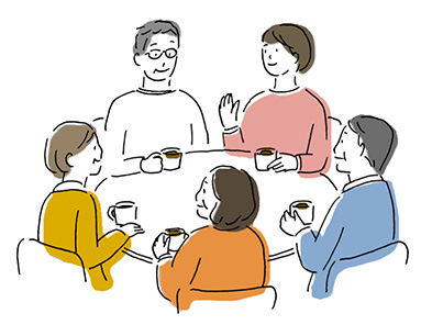 テーブルを囲んでお茶を飲みながら話す人たちのイラスト